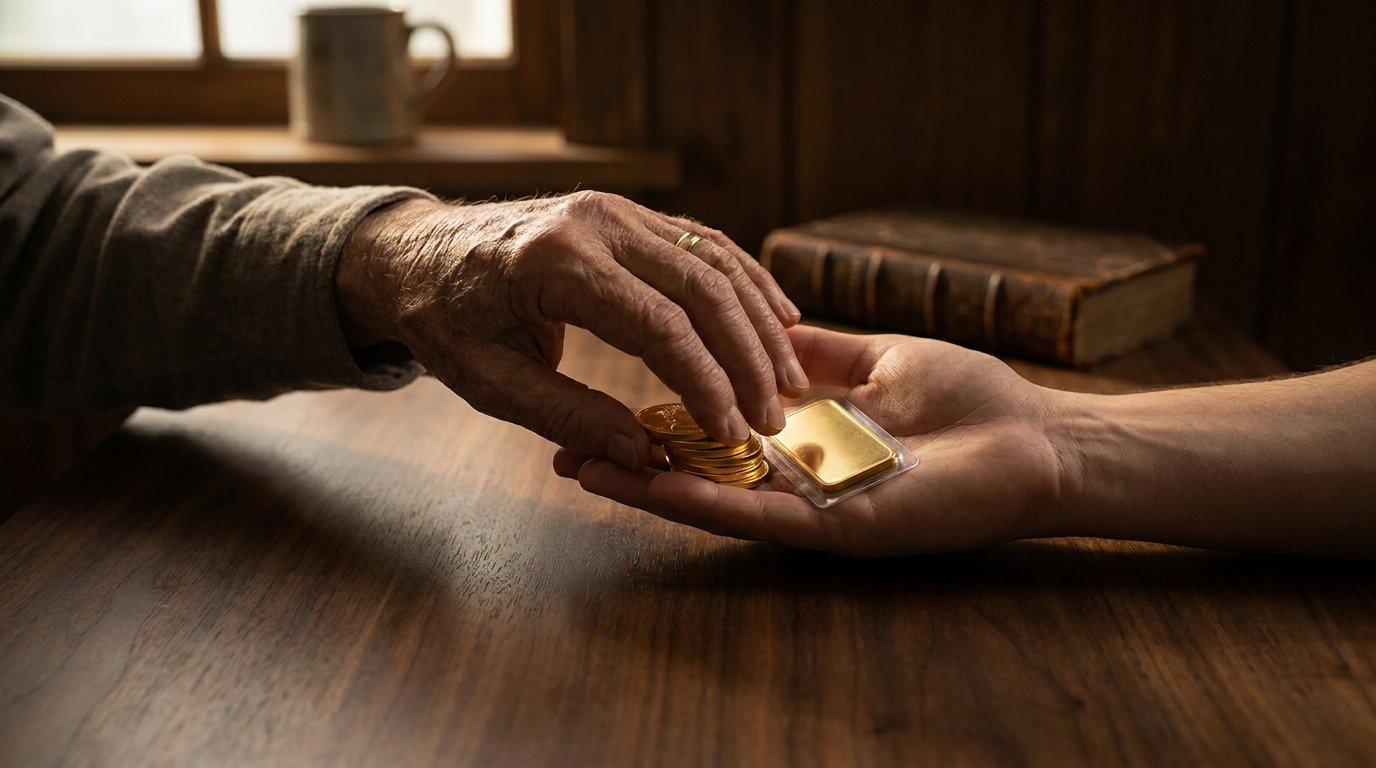 Eine ältere Hand übergibt Goldmünzen und einen Goldbarren an eine jüngere Hand über einem dunklen Holztisch