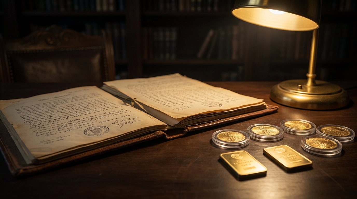Kaufbelege und Zertifikate neben Goldmünzen in Schutzkapseln und kleinen Goldbarren bei warmem Licht