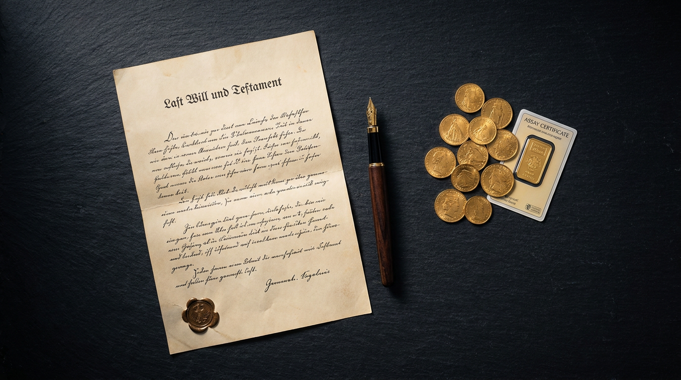 Testament mit Füllfederhalter neben Goldmünzen und einem Goldbarren mit Zertifikat auf dunkler Oberfläche