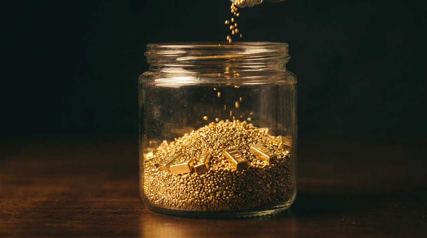 Goldkoerner sammeln sich Gramm fuer Gramm in einem Glasgefaess als Symbol fuer langfristiges Goldsparen