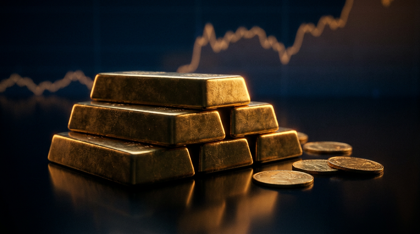 Goldbarren und Goldmünzen vor einem angedeuteten Kursverlauf als Symbol für Edelmetalle als Absicherung