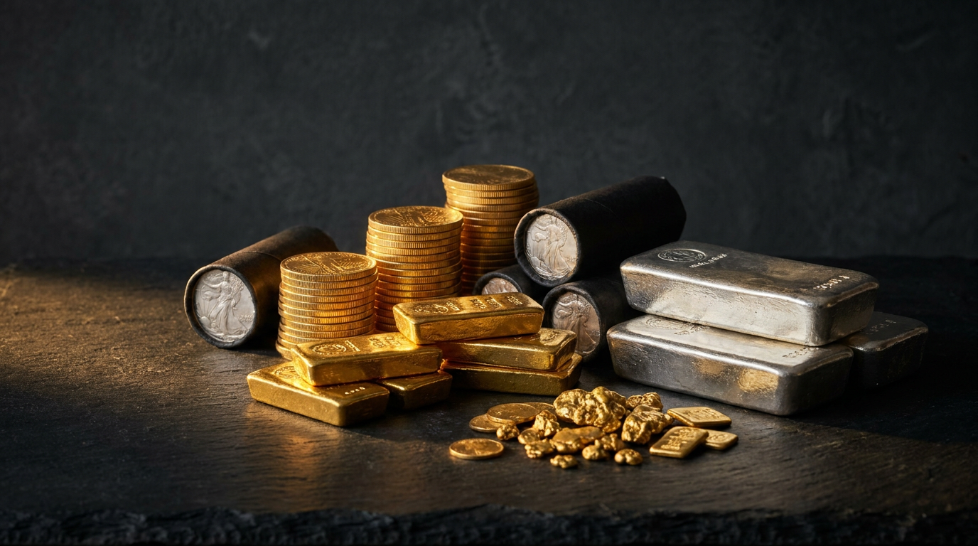 Gestaffeltes Edelmetall-Depot aus Gold- und Silbermünzen sowie kleinen Barren auf dunklem Untergrund