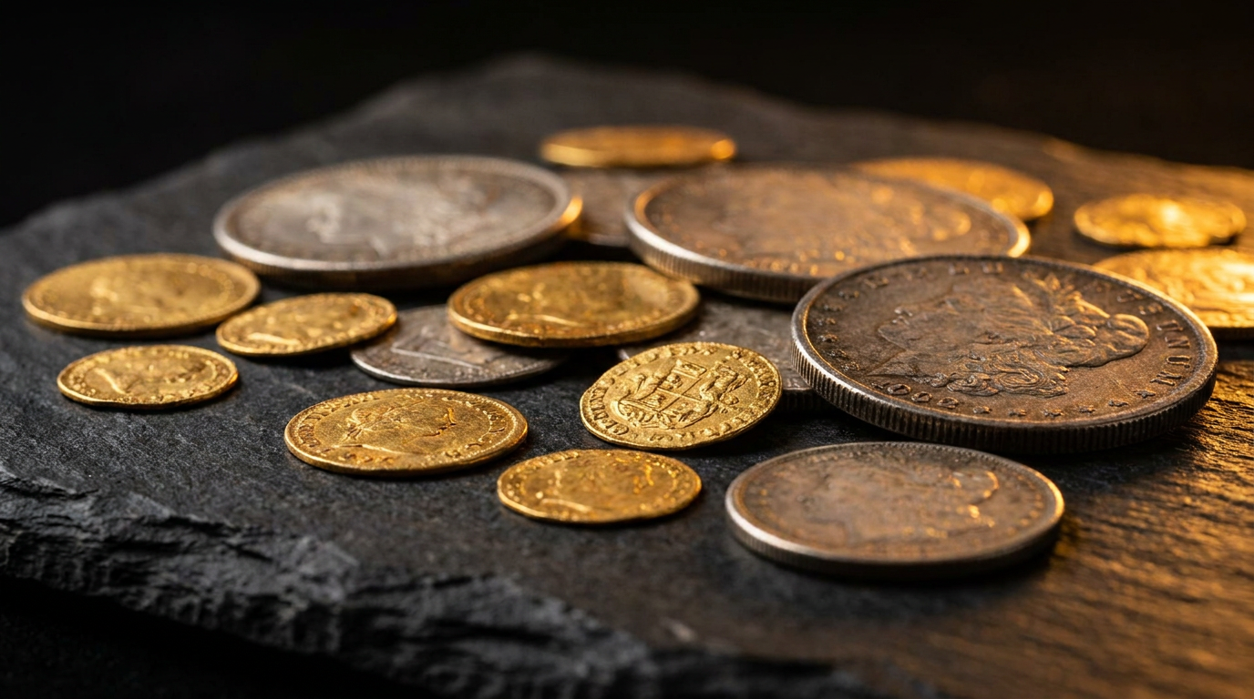 Kleine Gold- und Silberstückelungen unterschiedlicher Größe nebeneinander auf dunklem Untergrund