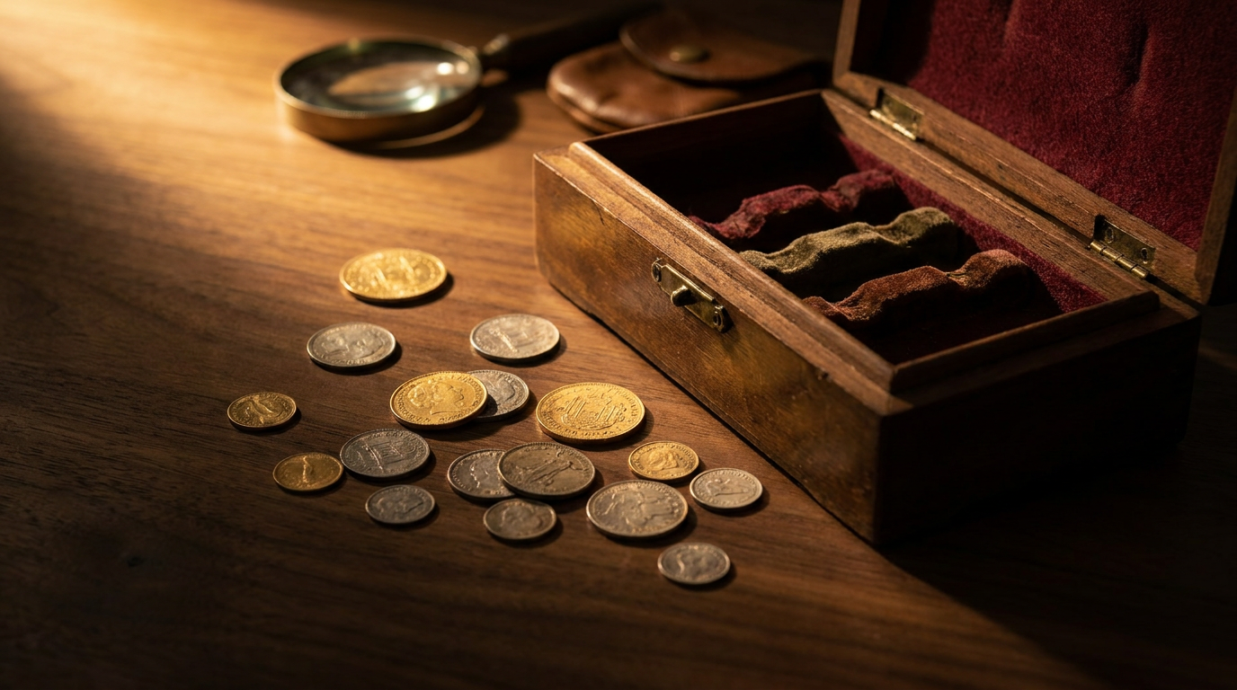 Gold- und Silbermünzen neben einer geöffneten Sammler-Kassette auf dunklem Holz
