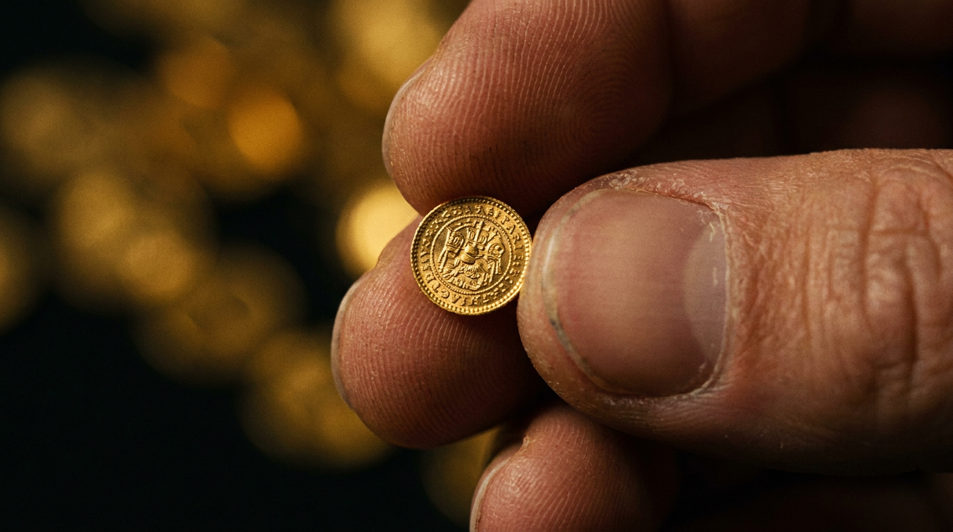 Winzige Gold-Kleinstmünze zwischen Fingerspitzen vor dunklem Hintergrund