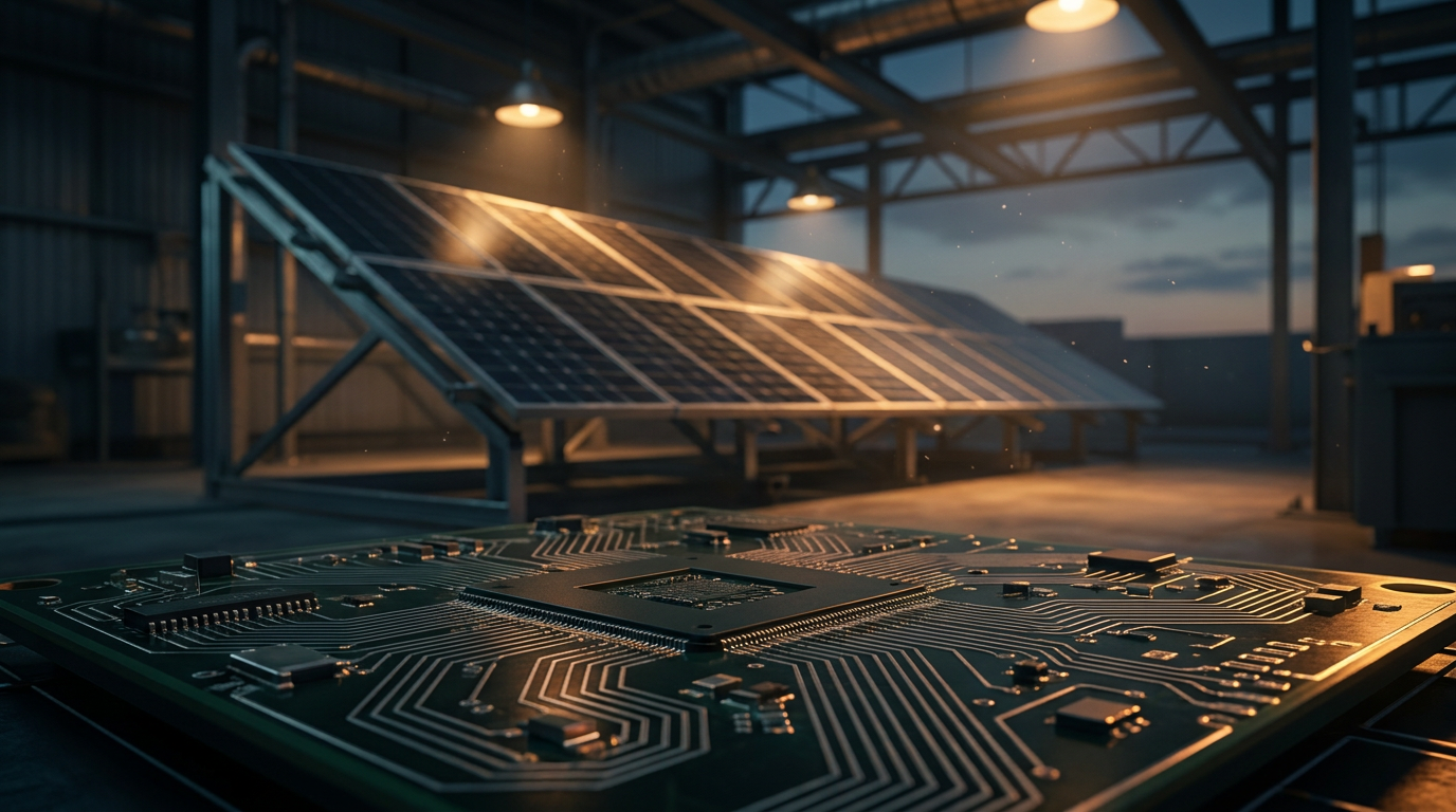 Solarmodul und Mikrochip als Symbol für die industrielle Doppelrolle von Silber