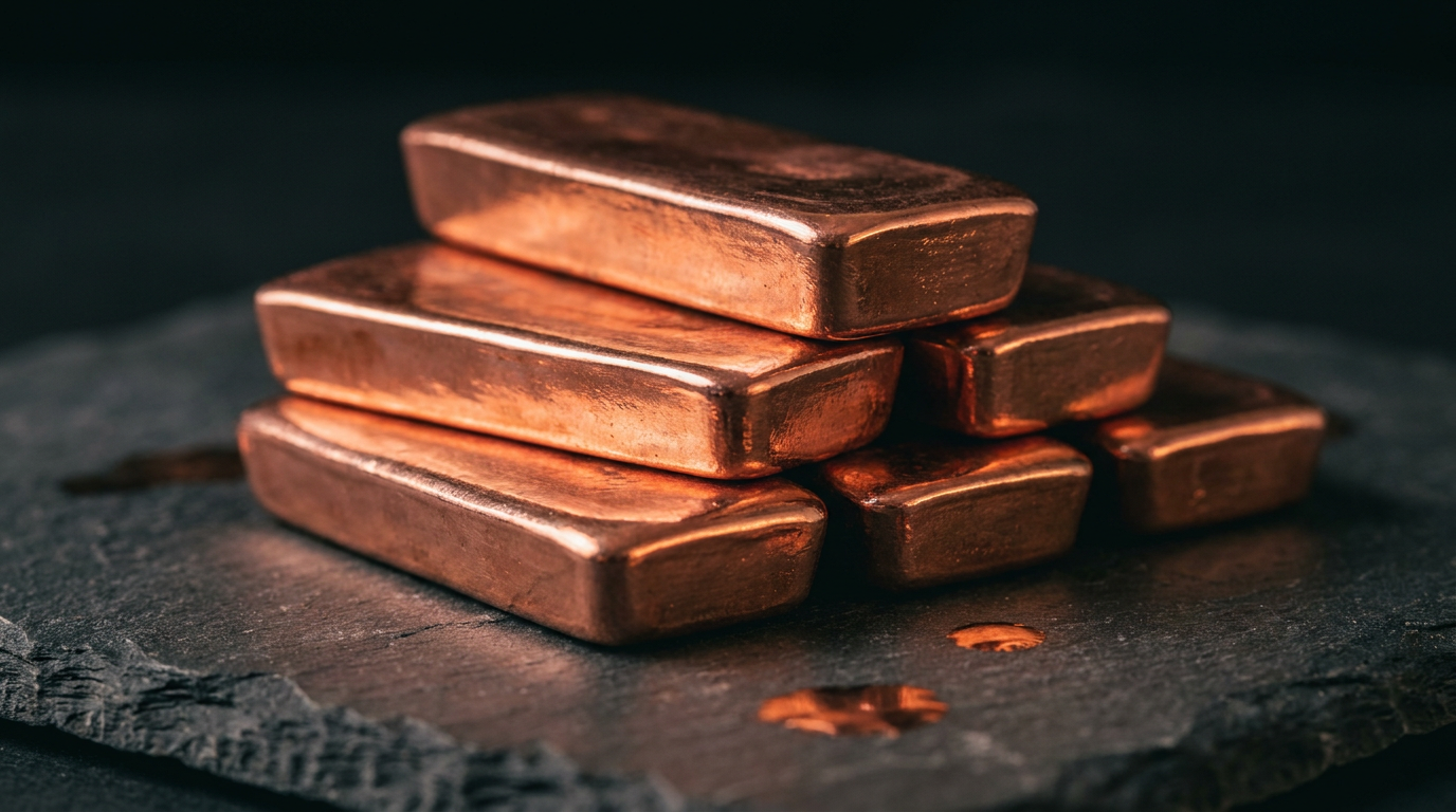 Gestapelte massive Kupferbarren mit rötlichem Metallglanz unter dunklem Mood-Light