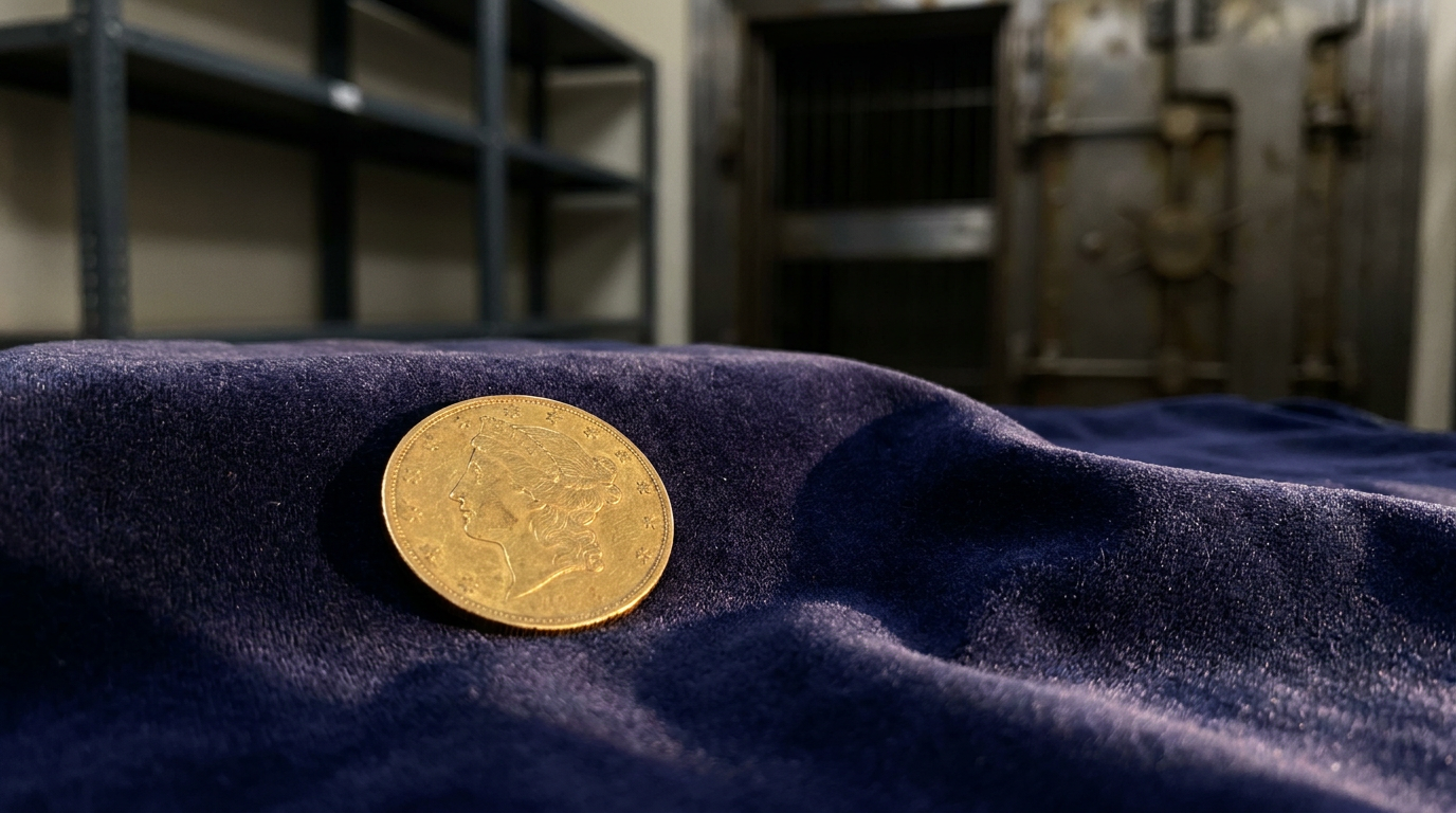 Goldmuenze auf dunklem Samt mit warmem Streiflicht als Sinnbild fuer Gold als monetaeren sicheren Hafen