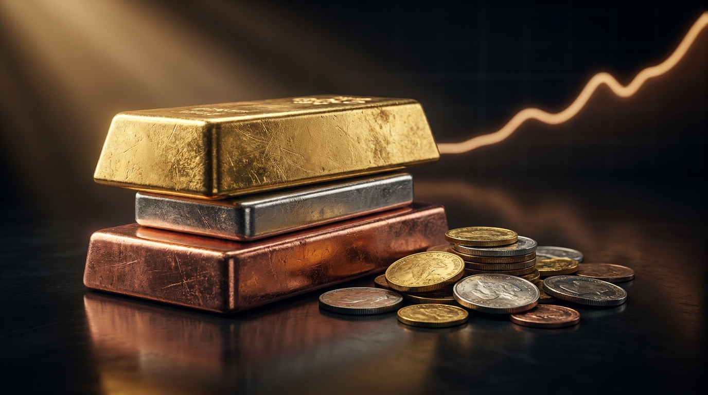 Goldbarren, Silberbarren und Kupferbarren nebeneinander auf dunklem Untergrund als Symbol fuer den gleichzeitigen Rekordlauf