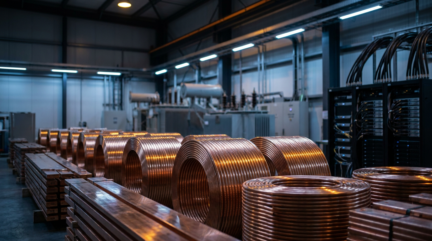 Kupferdraht und Kupferbarren in industrieller Umgebung als Sinnbild fuer die strukturelle Nachfrage durch Elektrifizierung und Rechenzentren