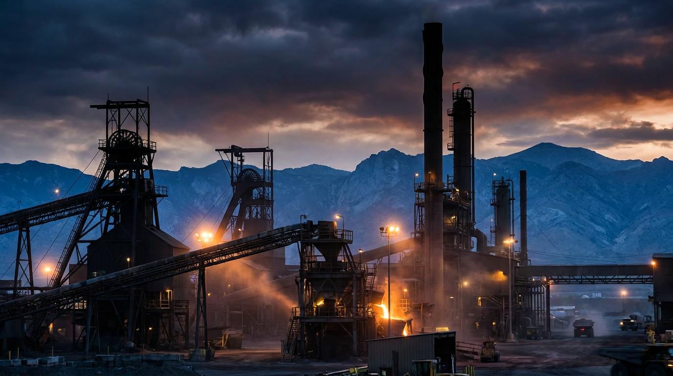 Industrielle Förder- und Raffinerieanlage für Platingruppenmetalle in der Dämmerung
