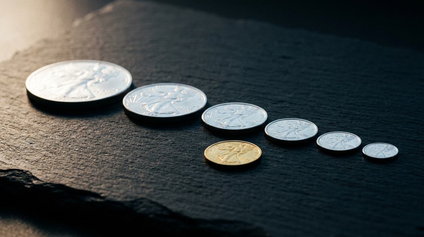 Größenvergleich verschiedener Edelmetall-Stückelungen von einer Unze bis zum Kleinstformat
