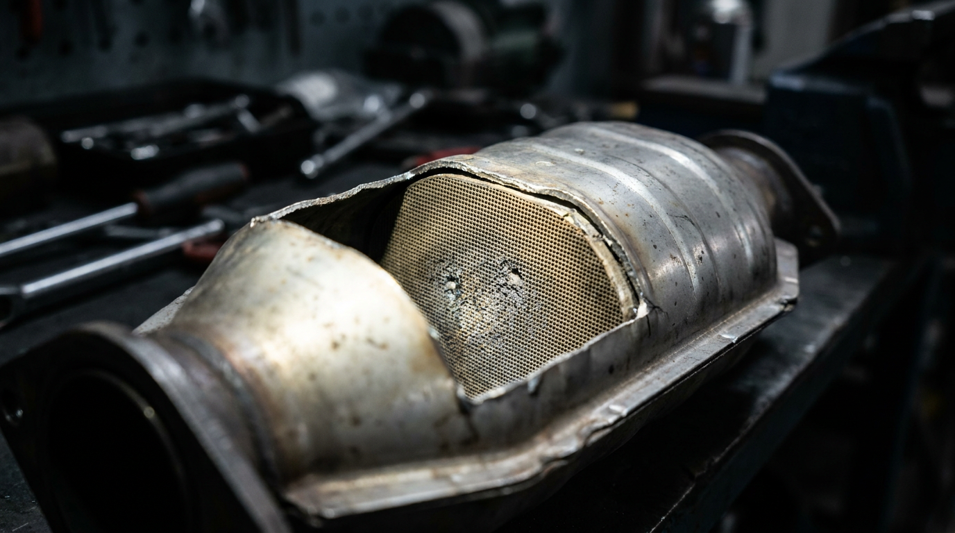 Aufgeschnittener Autokatalysator mit Wabenstruktur und Edelmetallbeschichtung