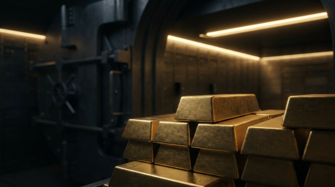 Gestapelte physische Goldbarren in einem Hochsicherheitstresor als Symbol für Gold als Bankreserve