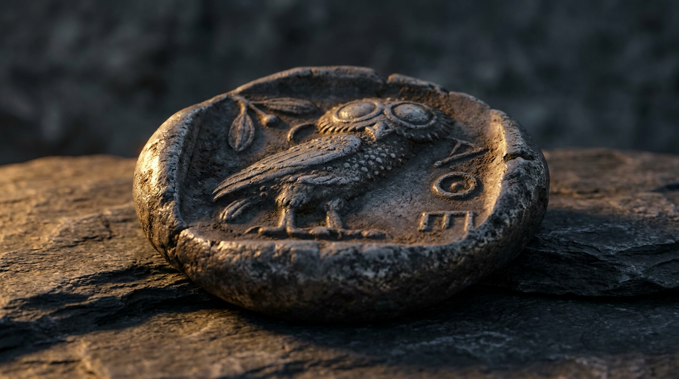 Antike griechische Silber-Tetradrachme mit der Eule von Athen, silbrig-graue Patina auf dunklem Stein