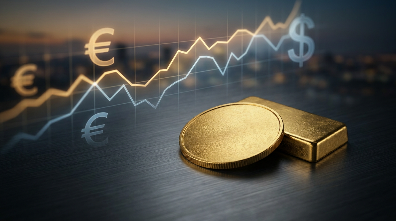Goldmünze und Goldbarren auf dunklem Untergrund mit angedeutetem Wechselkurs-Chart und Euro-Dollar-Symbolen