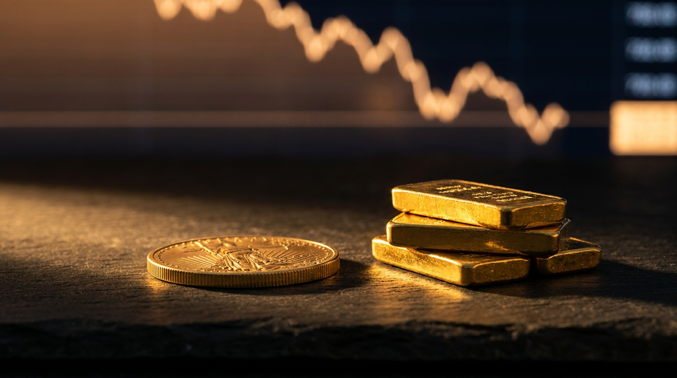 Goldmünze und Goldbarren auf dunklem Schiefer mit angedeutetem Kursverlauf im Hintergrund