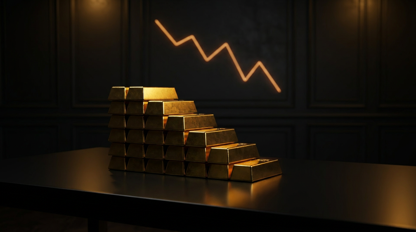 Goldbarren als absteigende Stufen mit angedeuteter Kurslinie als Sinnbild für Marktschwankungen