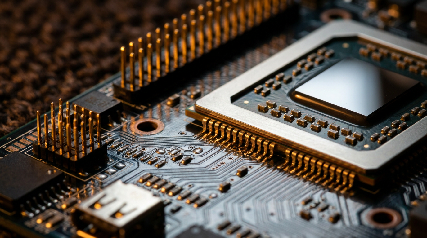 Makroaufnahme einer Serverplatine mit goldbeschichteten Kontaktstiften und silbernen Leiterbahnen