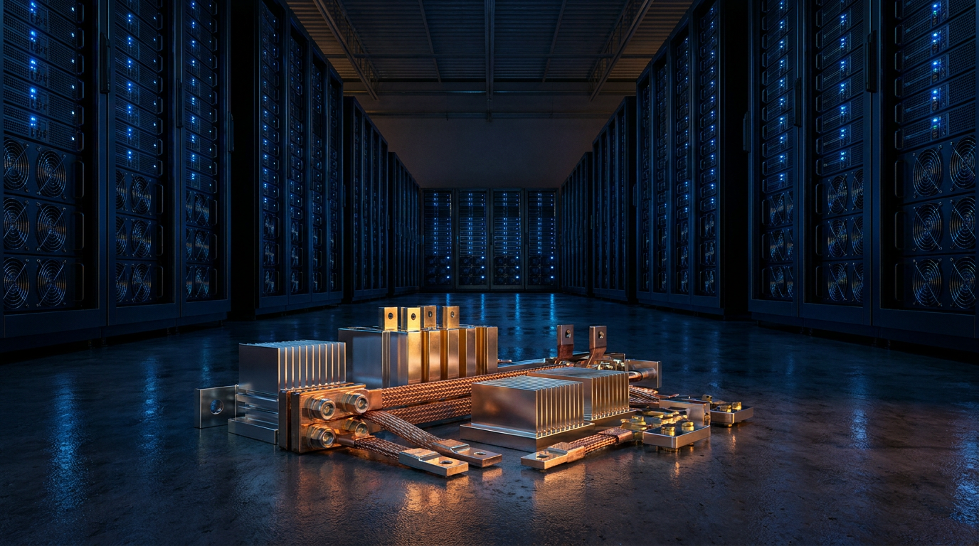 Serverhalle eines KI-Rechenzentrums bei Nacht mit Silber- und Gold-Reflexen an den Kontakten