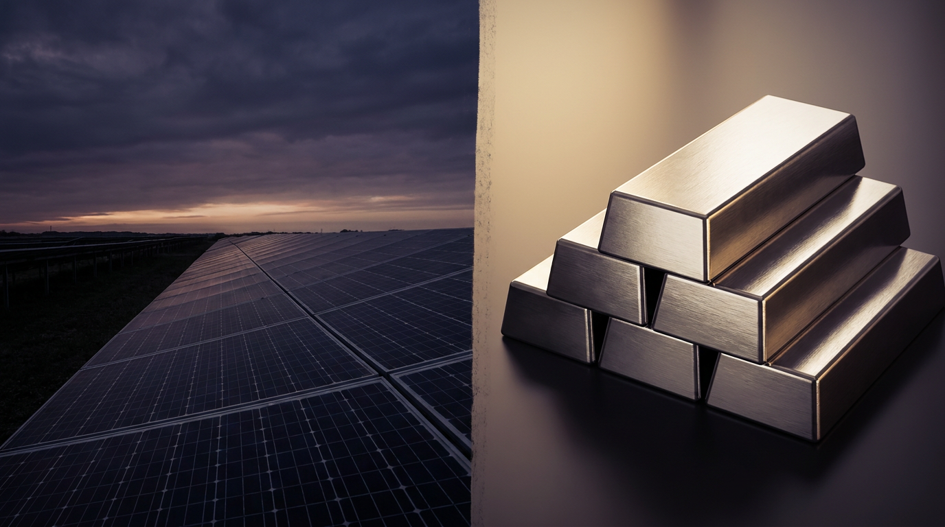 Solarmodule neben gestapelten Silberbarren als Sinnbild für die Industrienachfrage der Energiewende