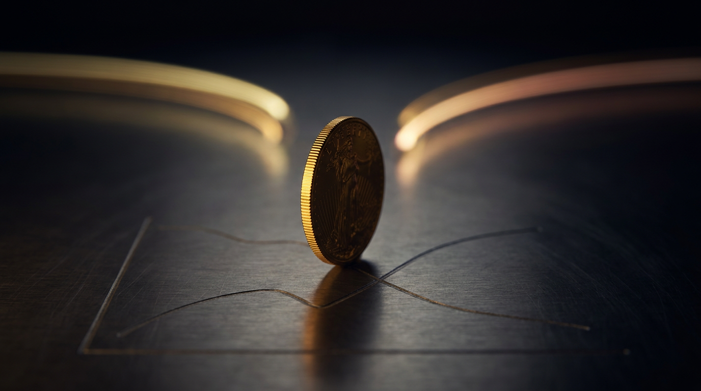 Eine Goldmünze auf einer sich verzweigenden Kurve als Sinnbild für die Entkopplung von Gold und Realzinsen