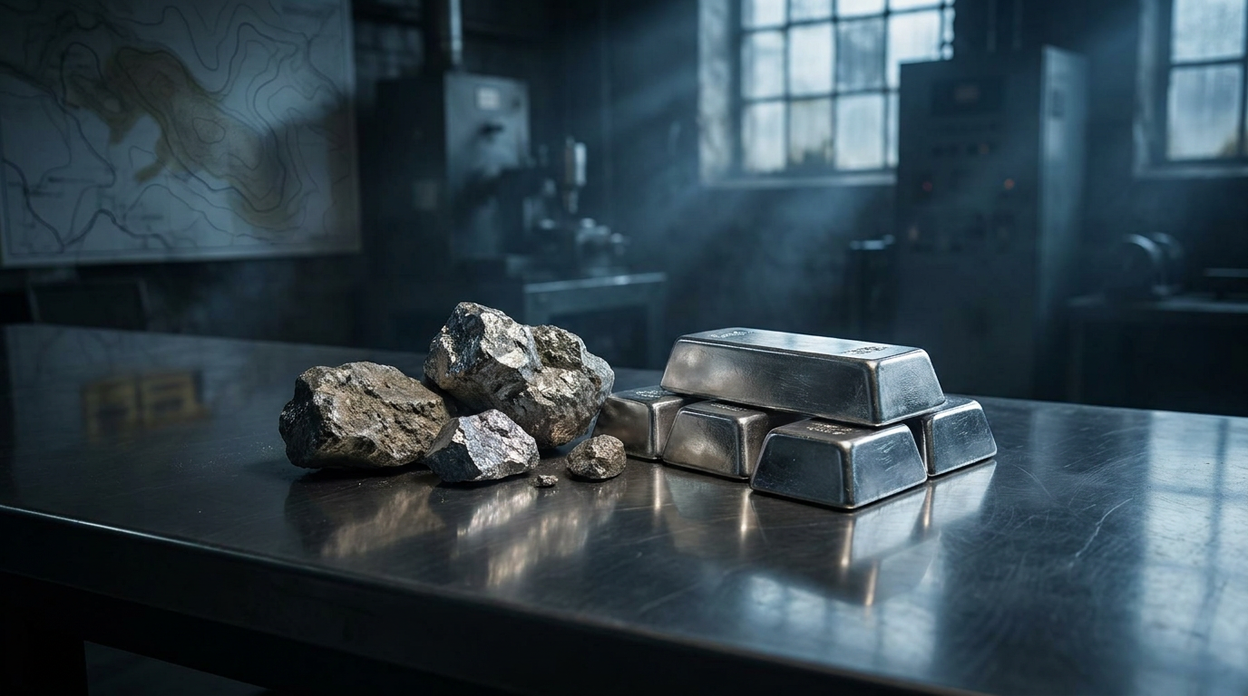 Rohes Platinerz und raffinierte Platinbarren auf dunkler Fläche