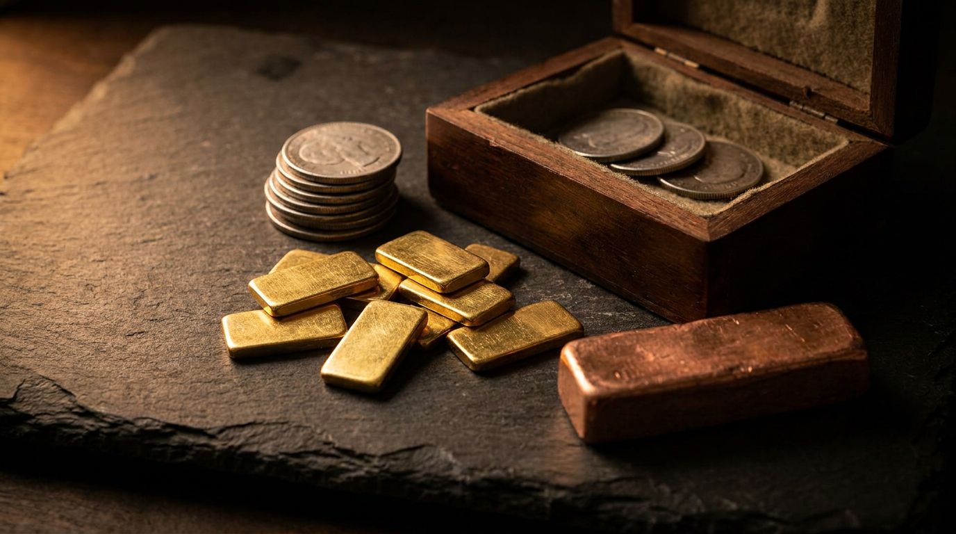 Krisenschutz-Paket aus Goldbarren, Silbermünzen und Kupfer auf dunklem Schiefer arrangiert