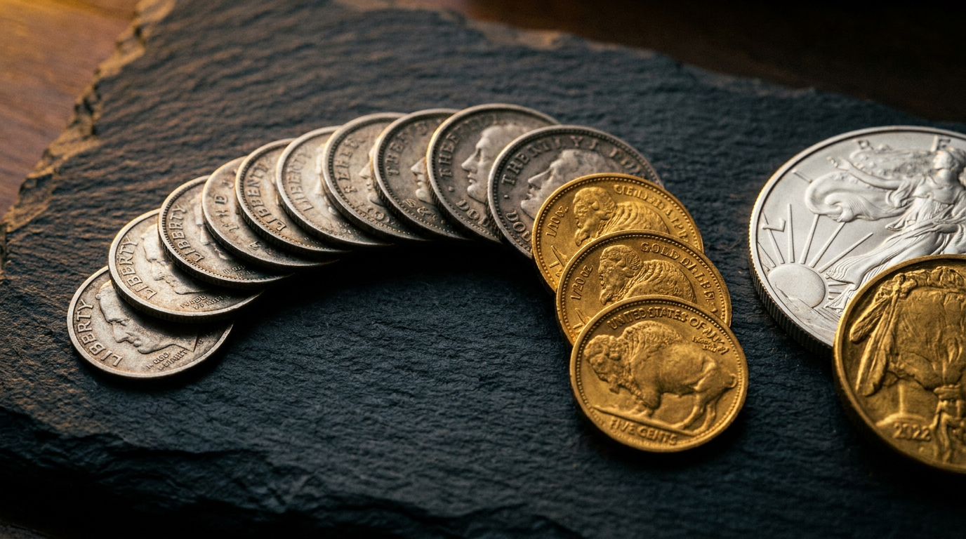 Kleine Silbermünzen und fraktionale Goldmünzen aufgefächert auf dunklem Schiefer zur Veranschaulichung der Stückelung
