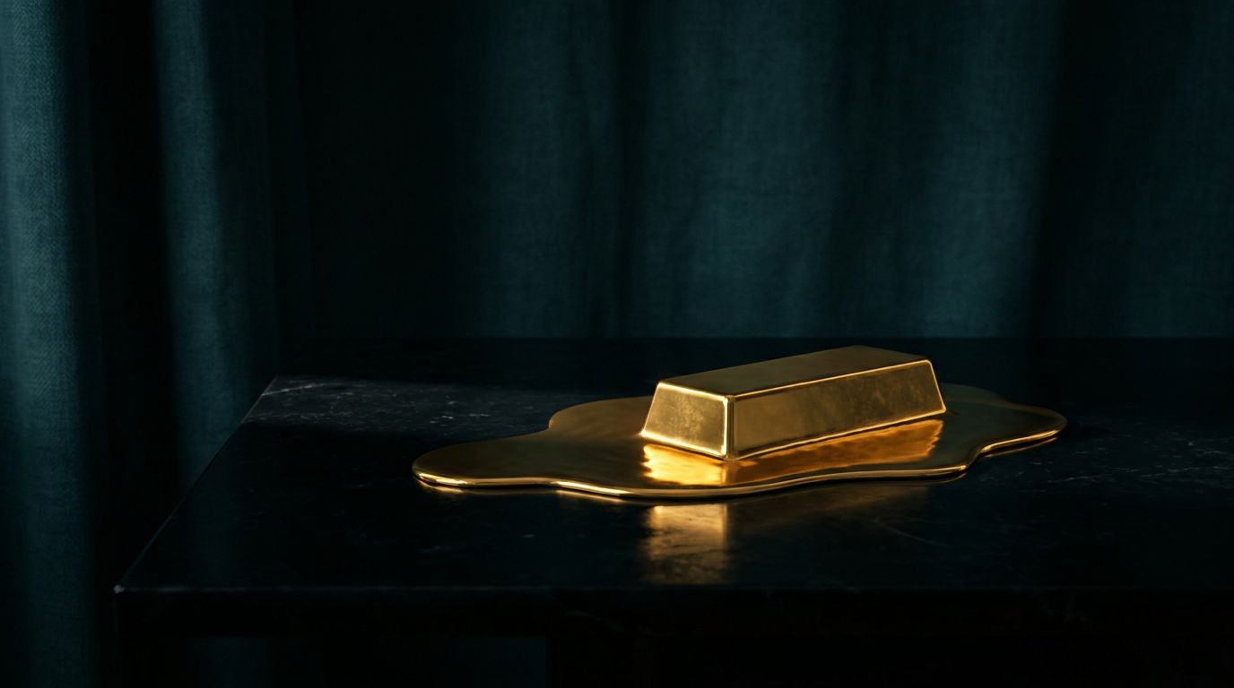 Ein Goldbarren, der in fliessendes, leuchtendes Gold uebergeht, als Sinnbild fuer die Liquiditaetsfunktion von Gold