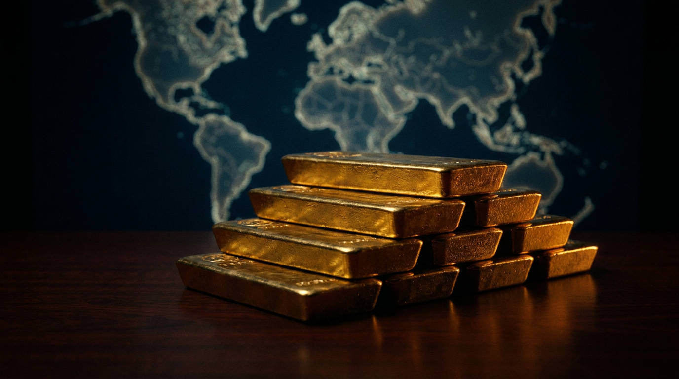Gestapelte Goldbarren vor einer angedeuteten Weltkarte als Symbol fuer die Goldreserven der Zentralbanken 2026