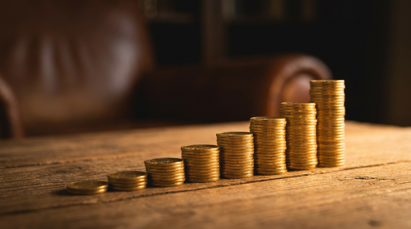 Gleichmäßig ansteigende Stapel von Goldmünzen als Sinnbild für gestaffelte Käufe