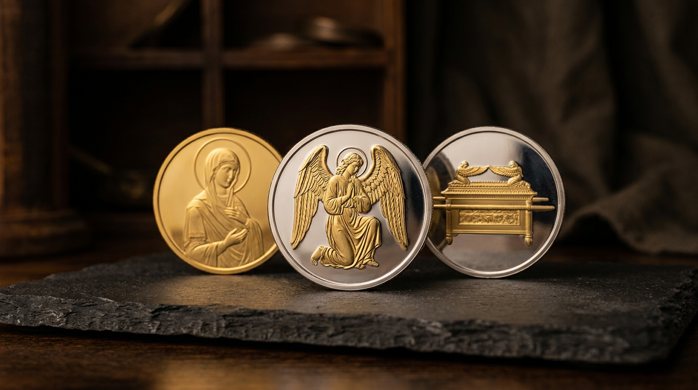 Religiöse Motivmünzen aus Silber und Gold mit Erzengel-, Christus- und Bundeslade-Motiv auf dunklem Schiefer