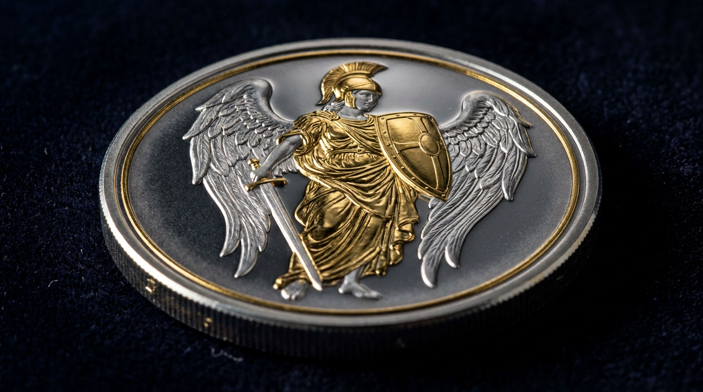 Teilvergoldete Silbermünze mit Relief des Erzengels Michael, dessen Figur golden gegen den mattierten Silbergrund hervorgehoben ist