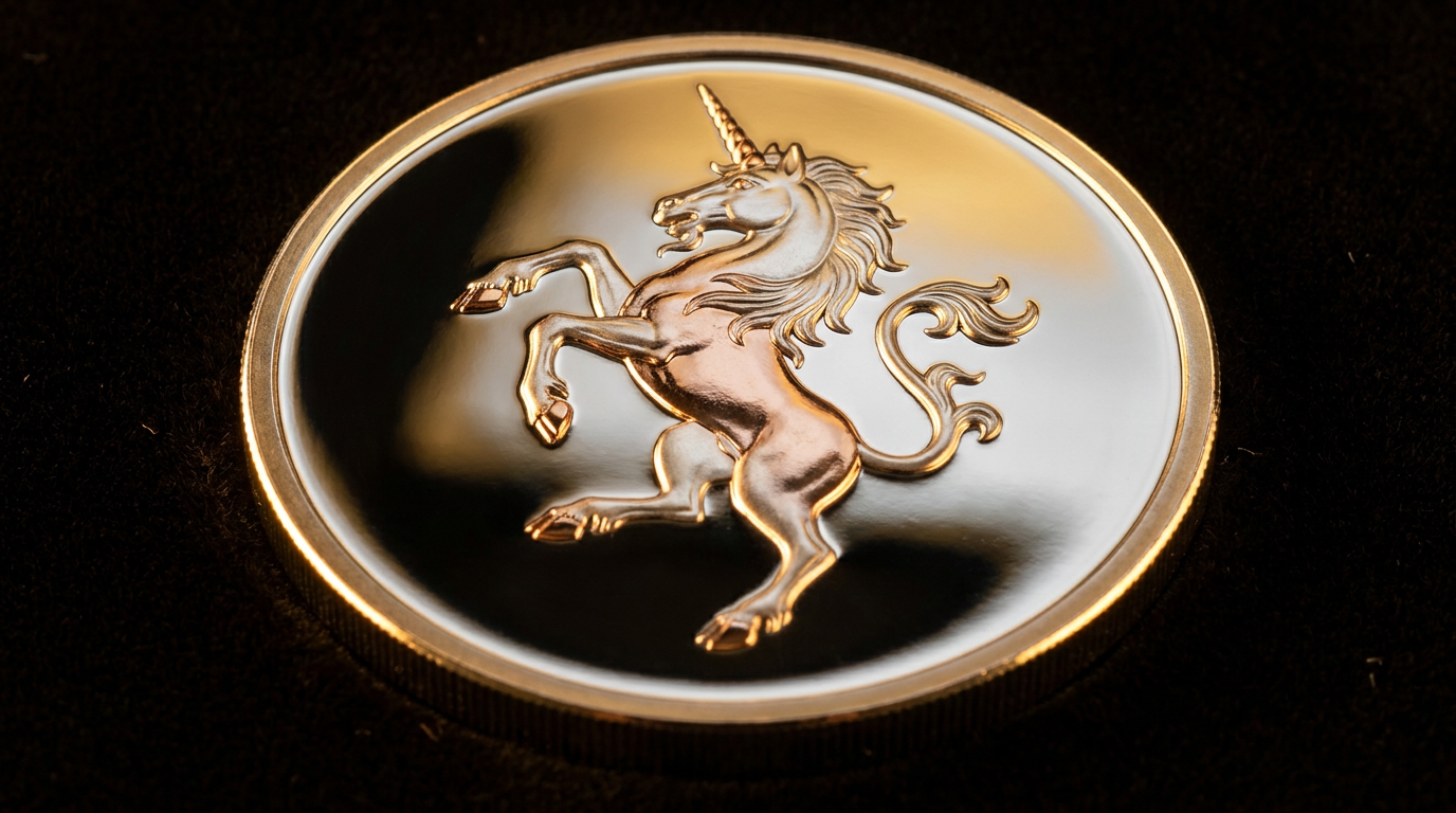 Heraldic-Beasts-Einhorn-Silbermünze mit Roségold-Veredelung auf tiefspiegelndem Grund
