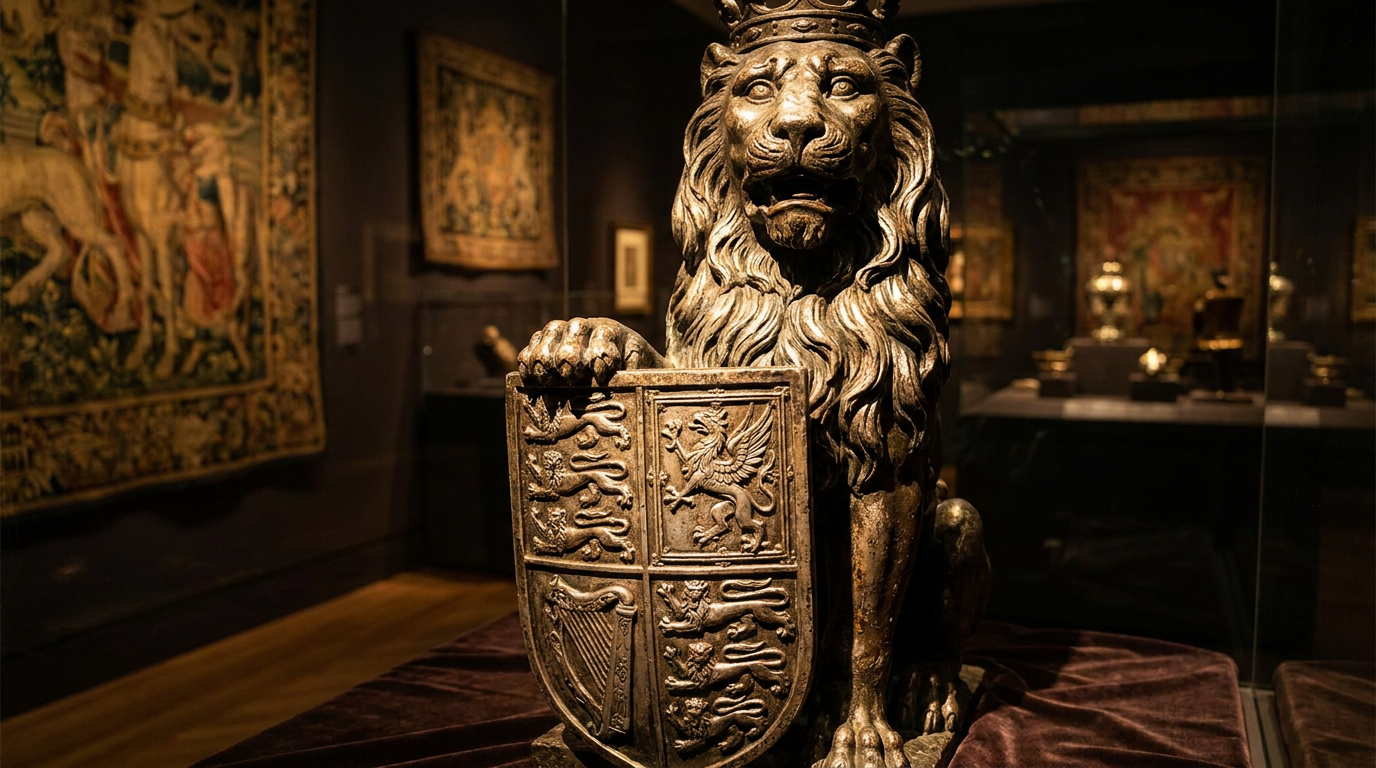 Heraldischer Löwe mit verziertem Wappenschild als Sinnbild britischer Wappentradition