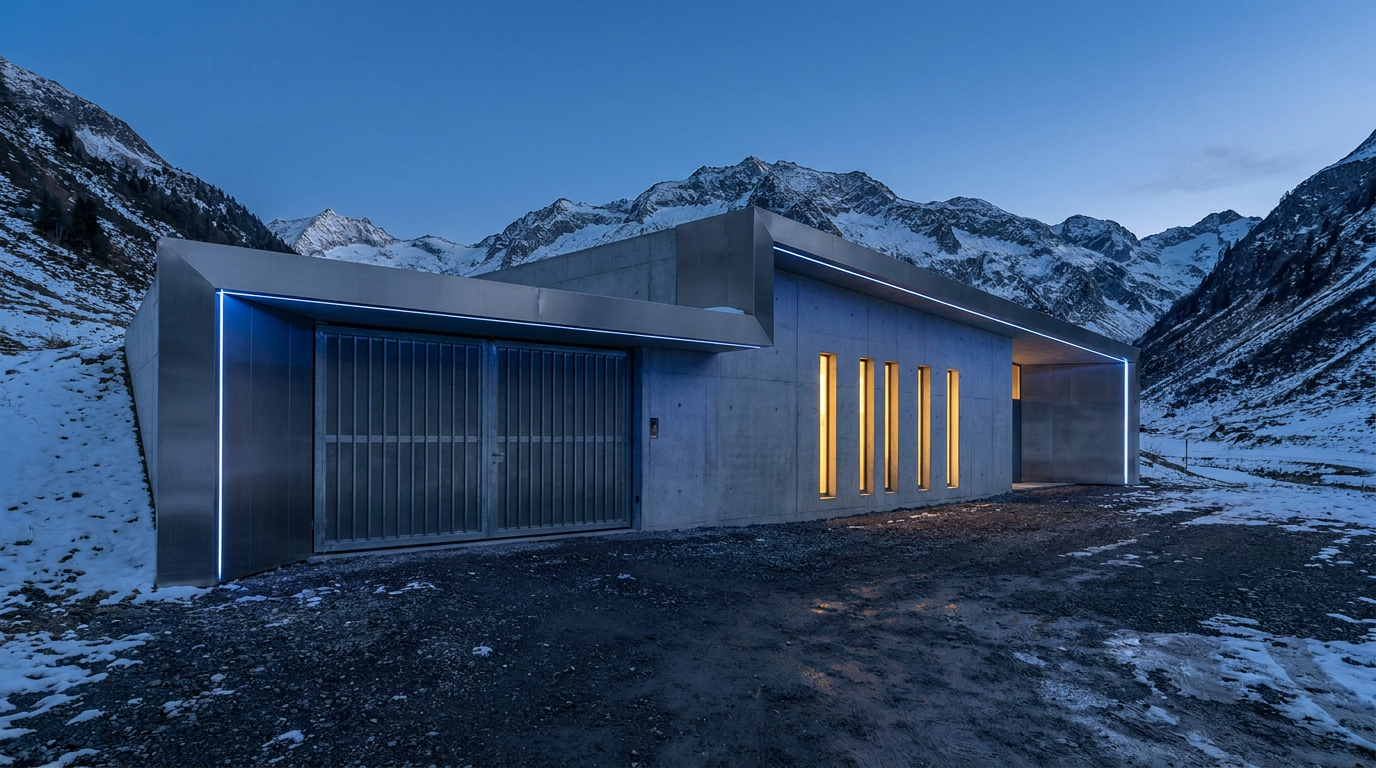 Modernes Schweizer Zollfreilager-Gebäude in der Dämmerung mit Alpen im Hintergrund