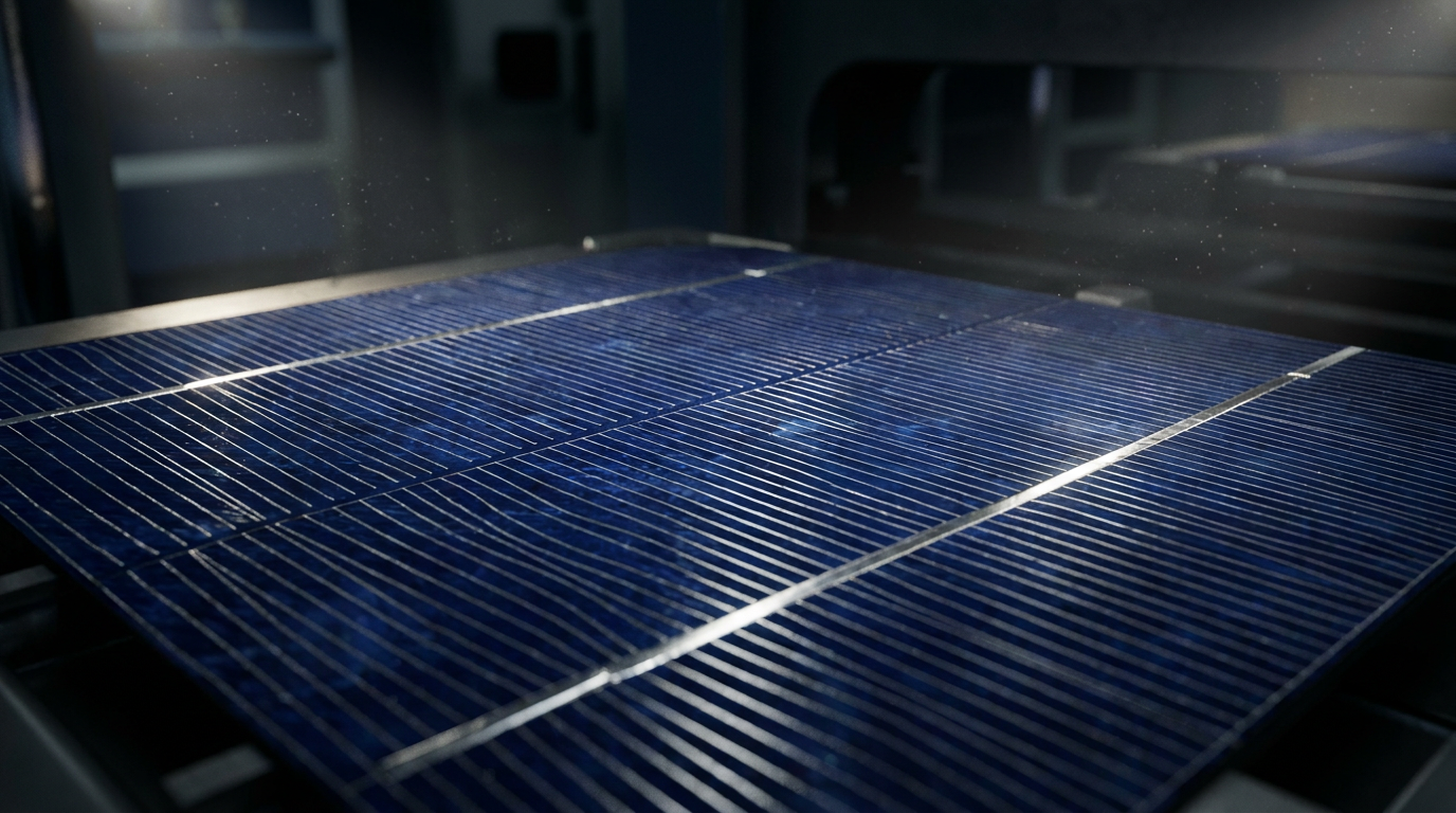 Nahaufnahme der feinen Silberleiterbahnen auf einer Photovoltaik-Solarzelle