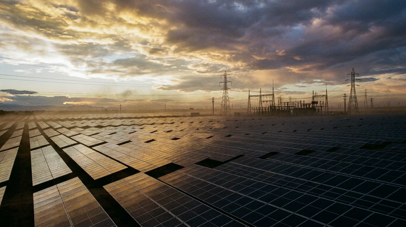 Weite Reihen von Photovoltaik-Modulen in einem Solarpark bei Abenddämmerung