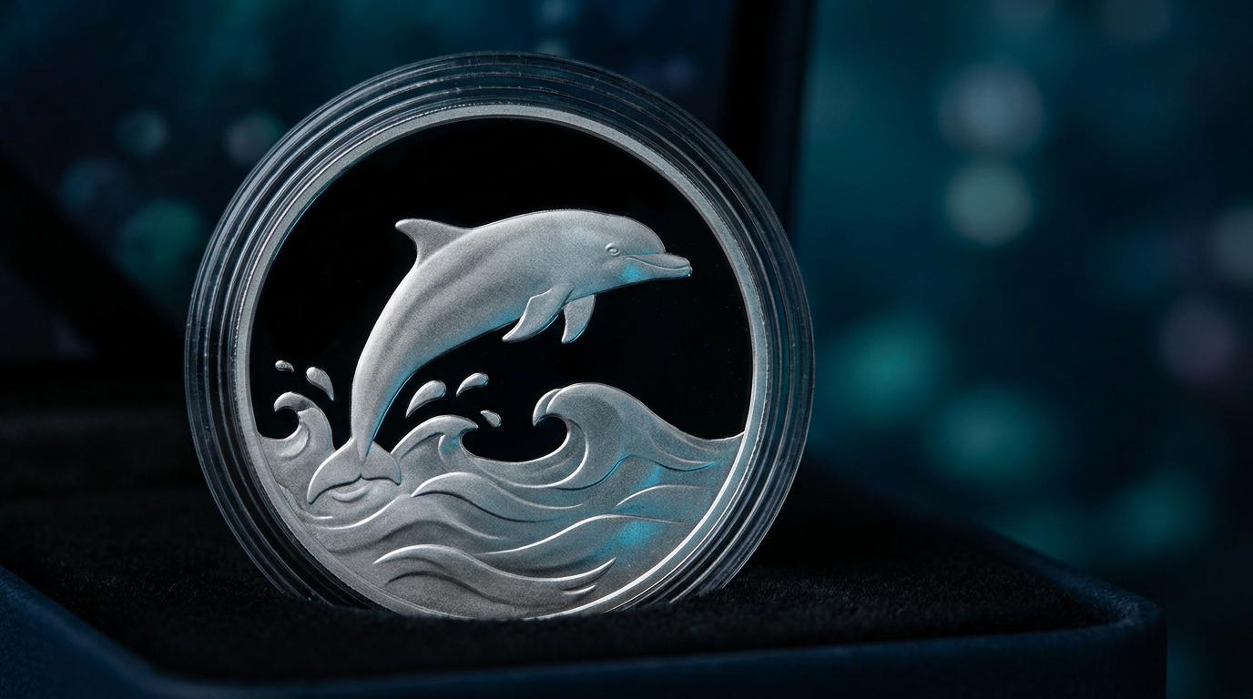Silbermünze mit springendem Delfin über Wellen in Polierte-Platte-Qualität