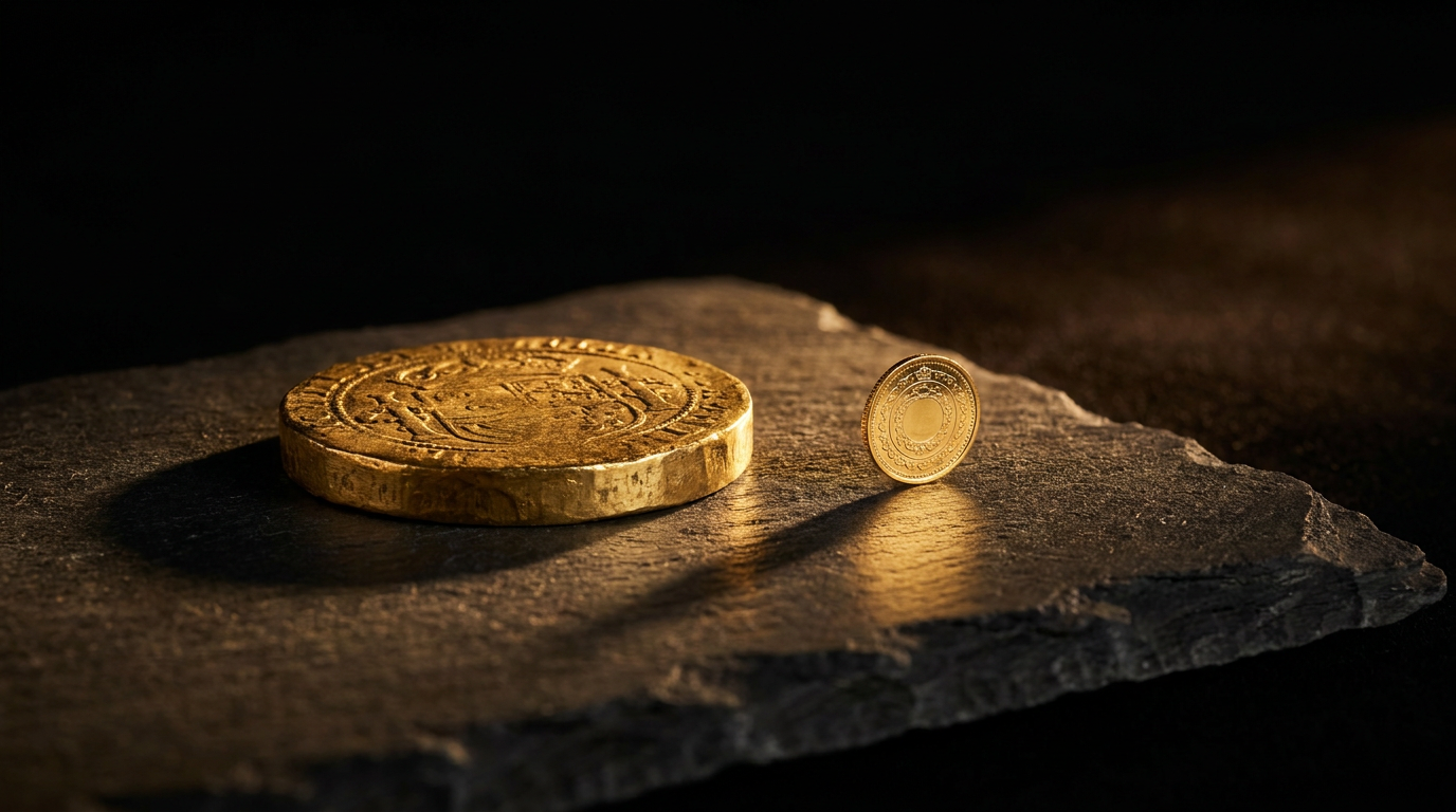 Eine große klassische Anlagemünze neben einer winzigen Grammgold-Münze im Größenvergleich
