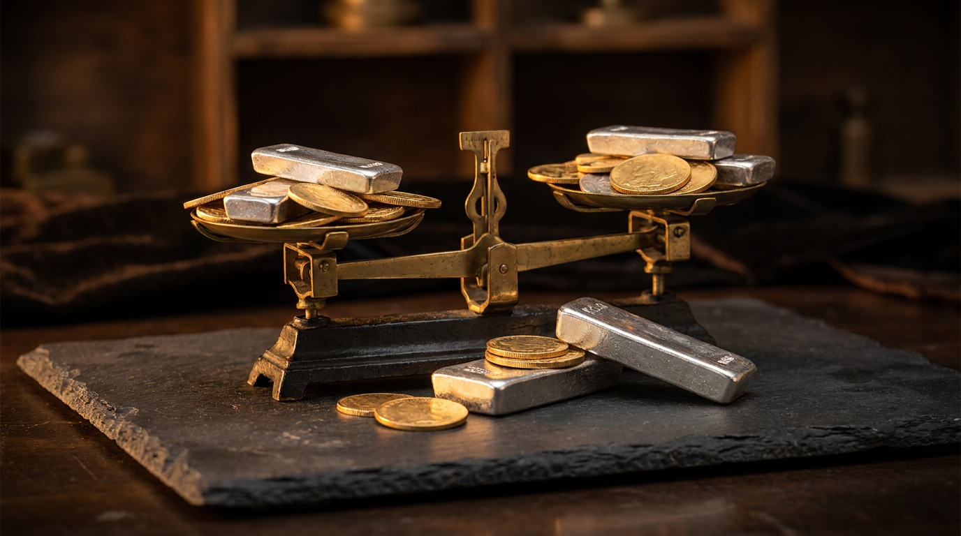 Goldmünzen und Silberbarren als Sinnbild für das Gleichgewicht im Portfolio