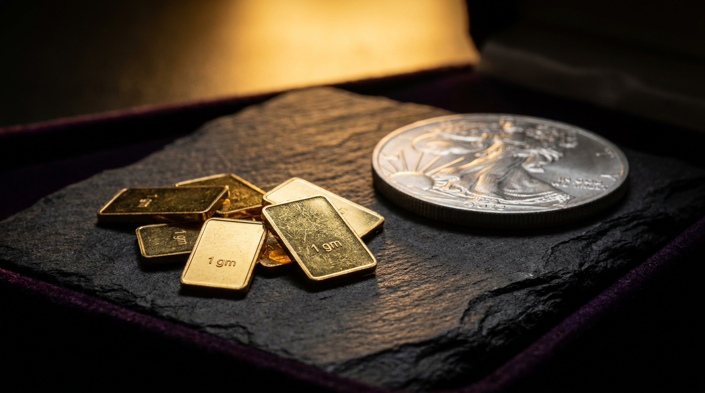 Kleine Grammgoldbarren neben einer Silbermünze auf dunklem Untergrund