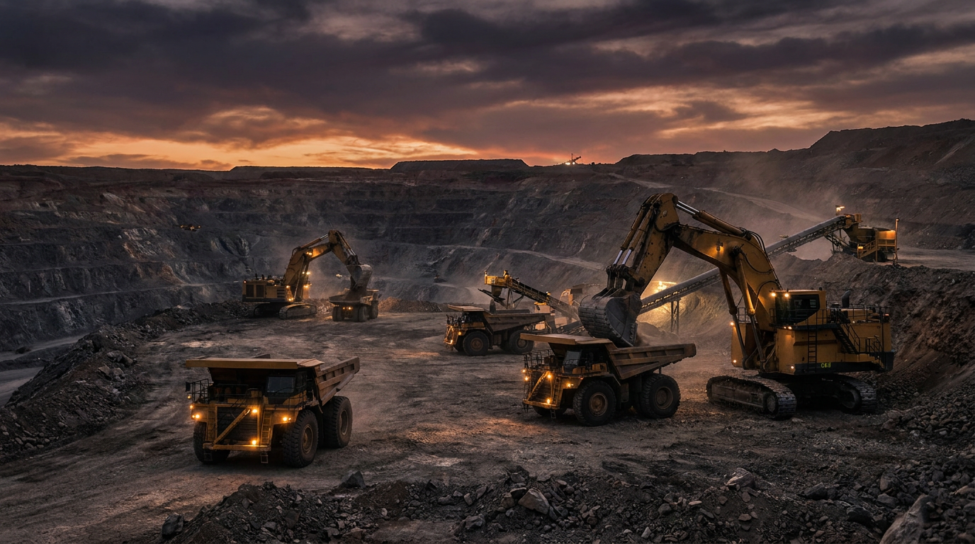 Industrielle Goldmine im Tagebau in der Abenddämmerung als Symbol für Goldminenaktien