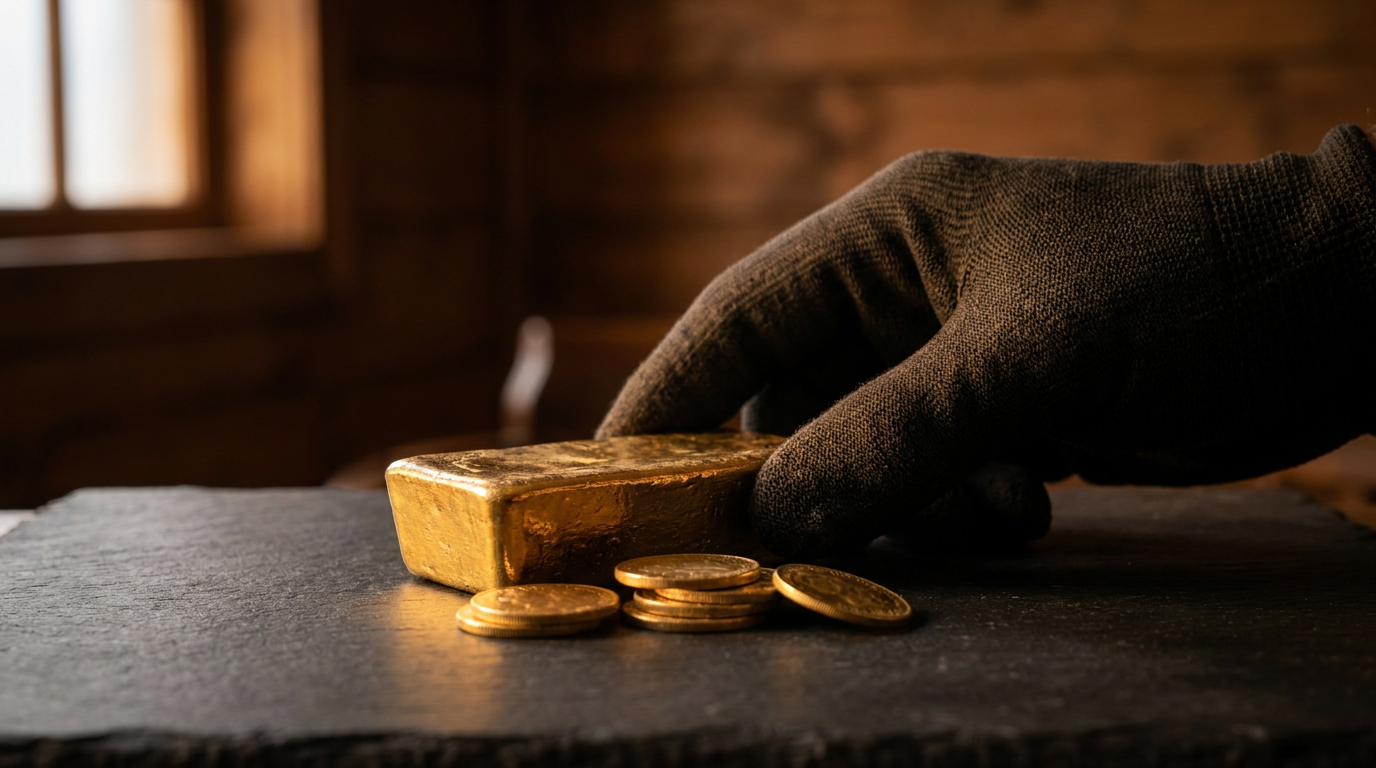 Physische Goldmünzen und ein kleiner Goldbarren auf dunklem Untergrund