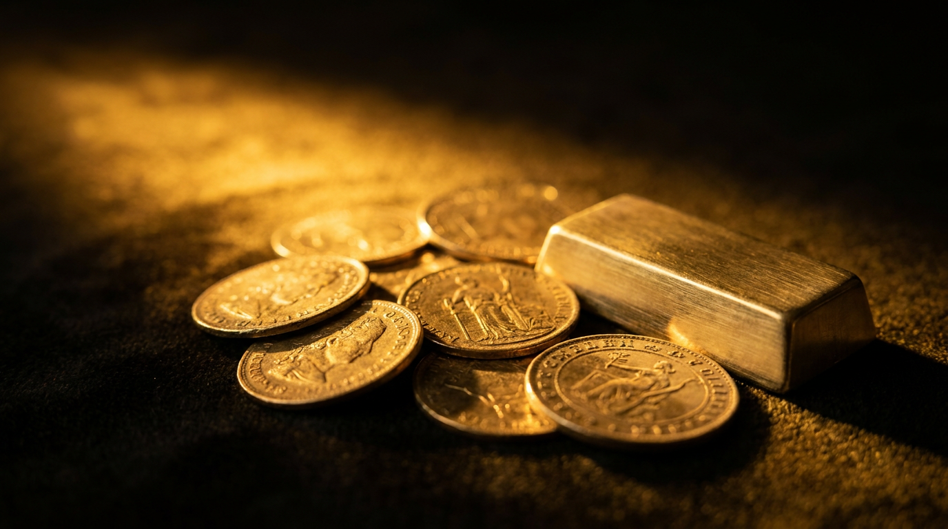 Goldmünzen und ein Goldbarren im warmen Licht vor dunklem Hintergrund