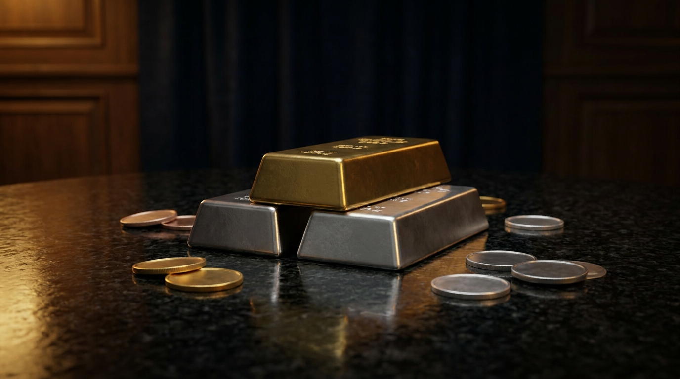 Gold, Silber, Platin und Palladium als Barren und Münzen auf dunklem Untergrund im warmen Licht