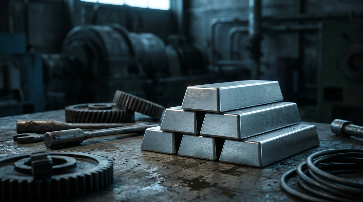 Platin- und Palladiumbarren mit kühlem Schimmer vor dunklem, industriellem Hintergrund