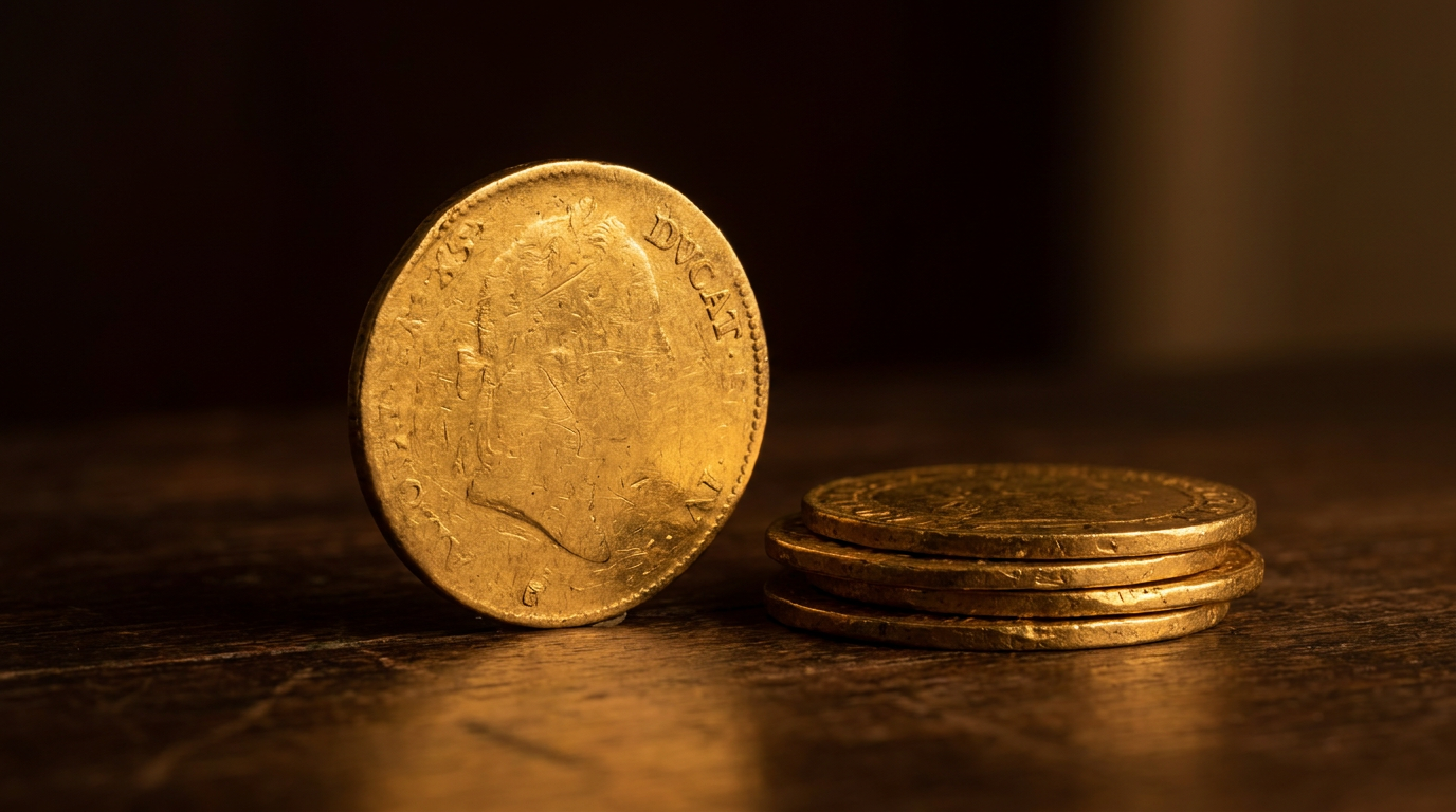 Detailaufnahme eines einzelnen duennen Gold-Dukaten neben einem Muenzstapel