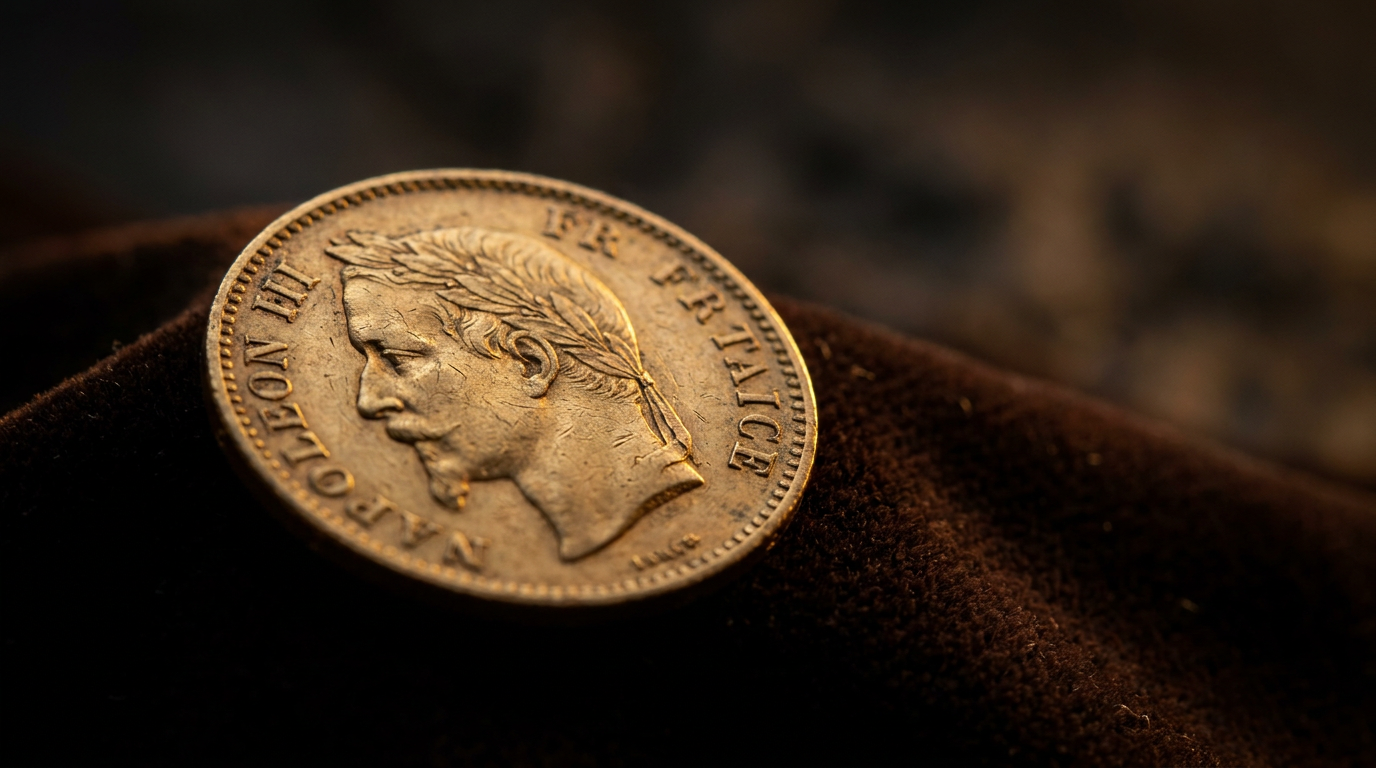 Historische französische 20-Franc-Goldmünze mit klassischem Porträt und Lorbeerkranz im warmen Licht auf dunklem Samt